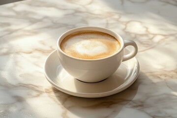 Obraz premium A cup of latte art coffee sits on a marble table bathed in sunlight.
