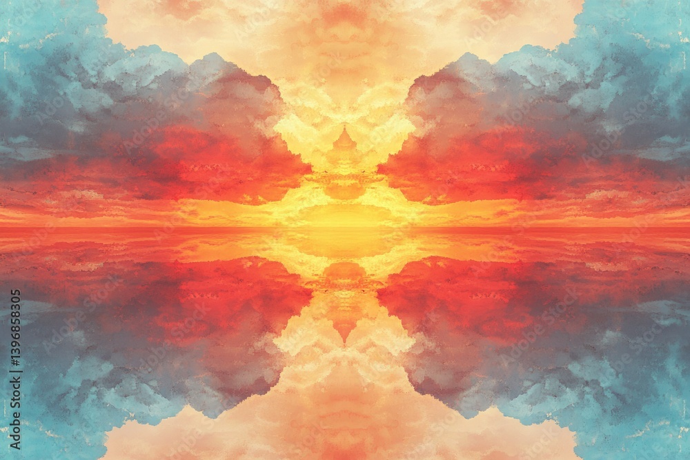 Poster a vibrant sunset mirrored in the calm waters, creating a symmetrical and colorful sky reflection.