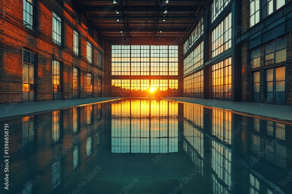 Poster sunset view from an indoor swimming pool in a brick industrial building with large windows.