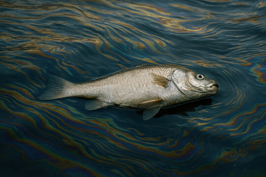 fish floats on surface of water contaminated by crude oil spill, highlighting impact on environment and concept of pollution