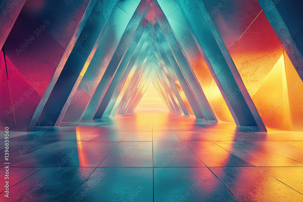 Poster a futuristic corridor made of triangular pillars and glowing horizon with vibrant, surreal lighting 