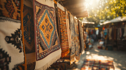 Obraz premium Vibrant Display of Handwoven Hispanic Textiles Hanging in a Sunlit Market Stall Featuring Native Designs (15)