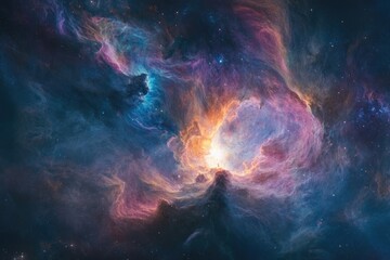 A vibrant nebula swirls with cosmic dust and gas, showcasing a breathtaking display of celestial colors and textures.