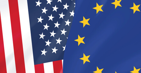 Flag of the USA and the European Union on the same background. Diplomatic relations.