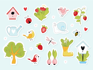set of cute cartoon spring or summer elements. collection of colorful symbols. 