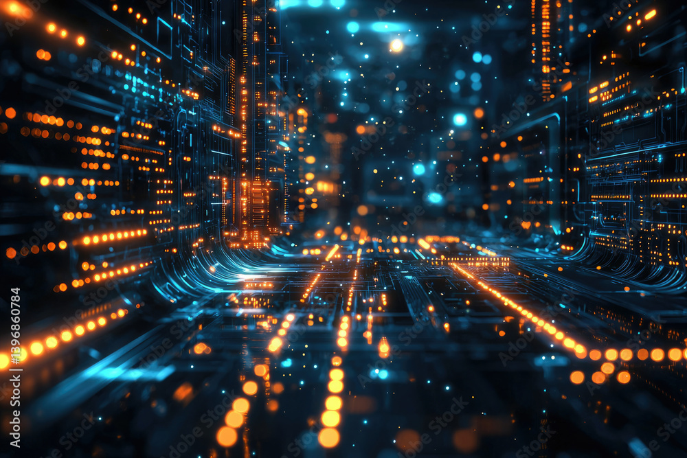 Poster Abstract futuristic cityscape with illuminated circuits, evoking data flow and digital connectivity in a sleek design.