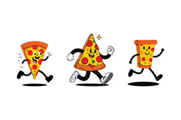 Obraz premium Three Animated Pizza Characters Racing with Joyful Faces and Waving Arms on a Crisp White Track.