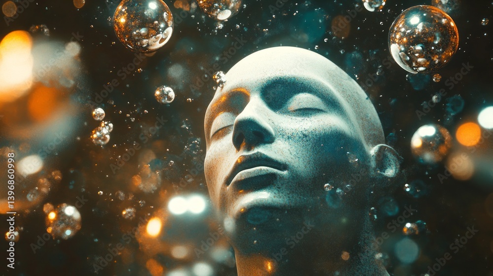 Poster A surreal floating head hovers in an enchanting atmosphere, surrounded by luminous bubbles that glisten softly. This captivating scene evokes a sense of tranquility and wonder, inviting exploration