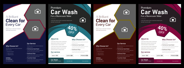 Creative car wash car detailing and rental flyer,Collection of car wash service internet advertising banner vector flat illustration,automobile wash service leaflet design,Car Cleaning Service Poster 