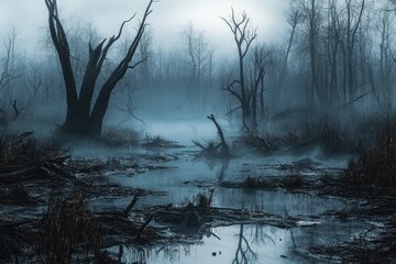 A misty, eerie swamp landscape shrouded in a dense fog.