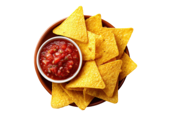 Top view of tortilla chips with salsa dip in a bowl, isolated on white. Perfect for snack or party concepts.