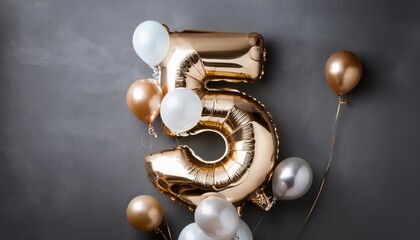 Number 5 with baloons on grey background. Generated image