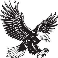 Obraz premium Vector Black Eagle Silhouette – Aggressive Bald Eagle with Spread Wings and Claws Extended for Tattoo, Logo, or Mascot Design