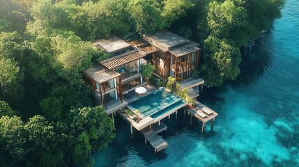 the Maldives, showcasing luxury resorts on stilts with wooden piers, surrounded by lush greenery and sparkling blue waters.
