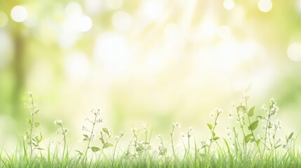 Obraz premium Delicate wildflowers and vibrant greenery in a soft spring landscape.