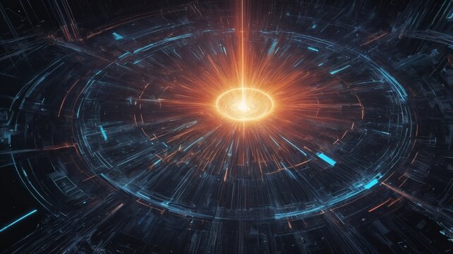 A glowing energy core radiates light in a high-tech circular structure, emitting vibrant orange and blue beams in a futuristic sci-fi environment.