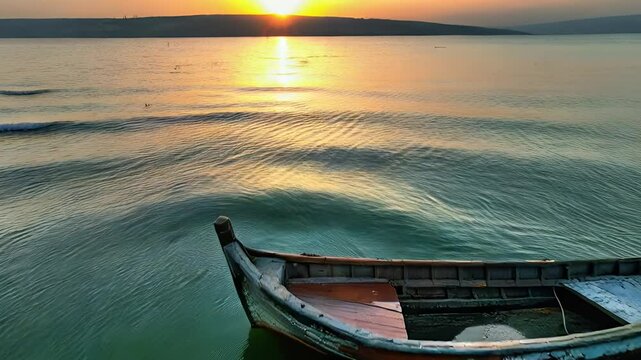 old wooden boat from Jesus era on sea of galilee at sunrise 