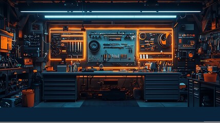 Obraz premium Innovative tech garage interior with premium equipment wall high resolution image