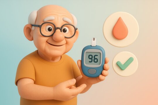 Healthy Glucose Levels: Elderly gentleman showcases a glucose meter, symbolizing health awareness and proper blood sugar management. Promoting wellness and disease prevention. - Powered by Adobe