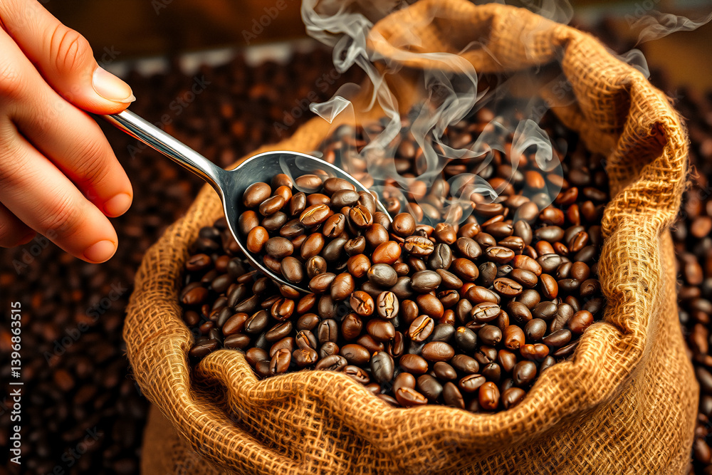 Poster steaming roasted coffee beans in burlap sack are scooped by a hand with a spoon. aromatic and rich, 