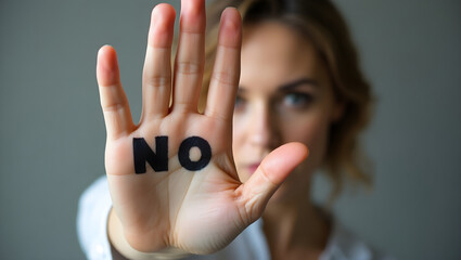 Empowered woman making a bold statement with 'NO' written on her palm, holding her hand forward in a strong, defiant gesture against a neutral background