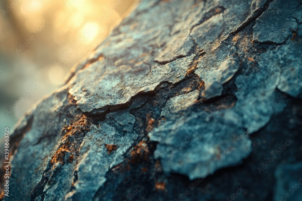 Poster close-up of textured tree bark, illuminated by warm sunlight, showcasing intricate details and natur
