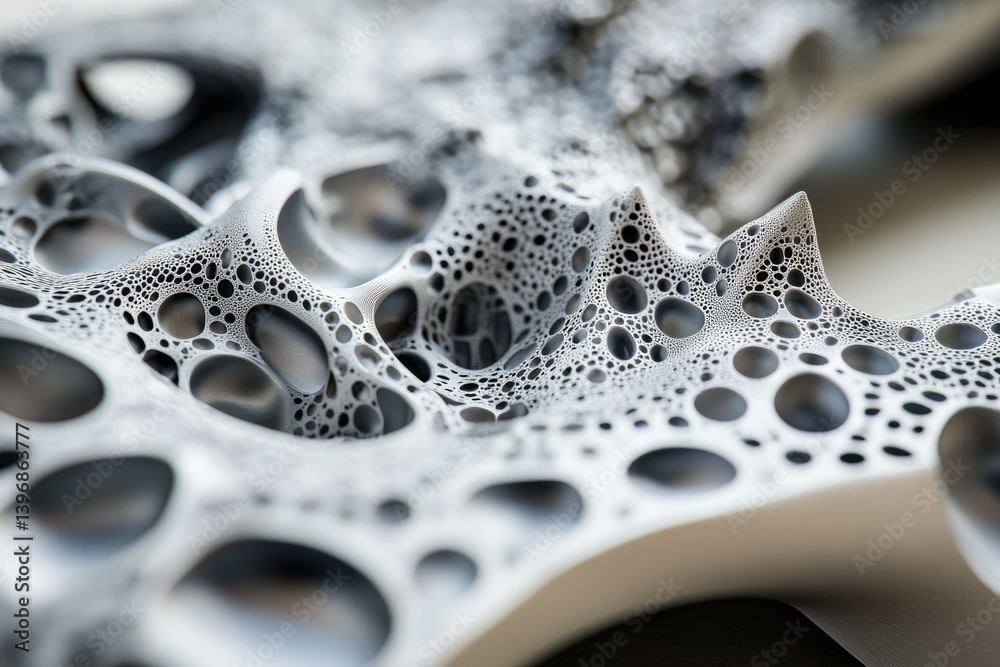 Aufkleber Abstract 3D render of a porous, textured surface with interconnected cavities resembling a complex network or organic structure.