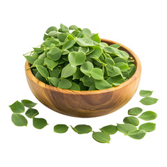 Fresh moringa leaves in wooden bowl, showcasing vibrant green color and natural beauty