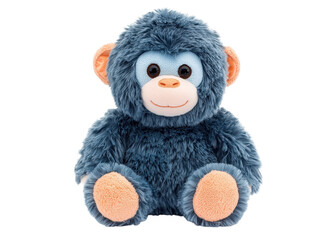 Cute blue plush monkey toy sitting isolated on white. Soft and cuddly stuffed animal for kids.