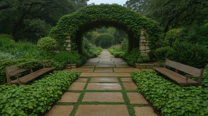 Lush Green Garden Archway with Stone Path and Wooden Benches