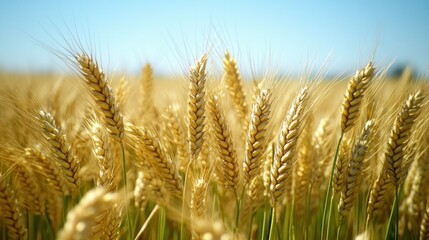 Fototapeta premium Golden wheat field under a clear blue sky. Close-up view of ripe wheat stalks
