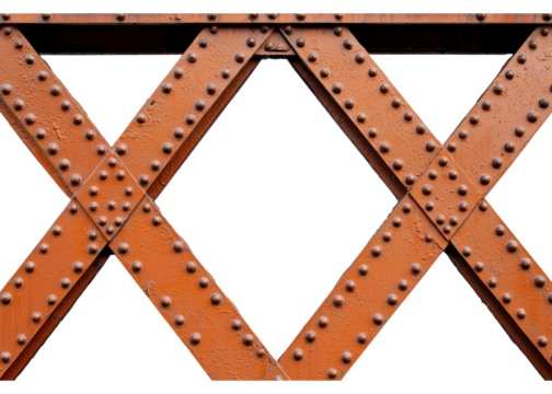 Close up of a riveted steel bridge structure, painted in orange. Engineering and construction concept.