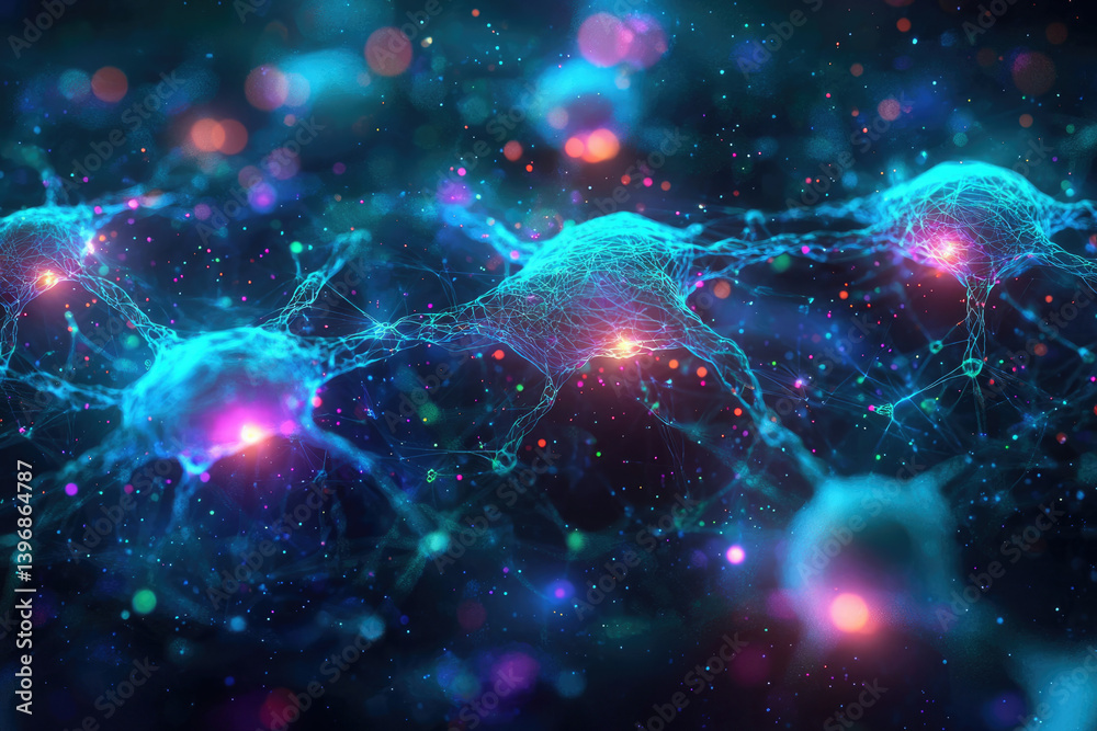 Poster Abstract neuron network with glowing connections, showcasing brain activity and neural pathways against a cosmic backdrop of colorful particles.