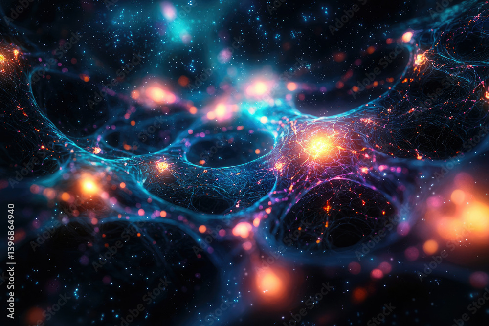 Poster a cosmic network of vibrant energy, displaying intricate connections and brilliant celestial phenome