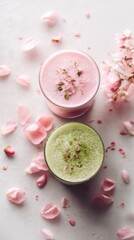 Matcha smoothie and sakura cherry blossom tree,spring season ,drink sweets for banners,Collection of matcha drinks with latte,menu popular japan,cards, flyers,wallpapers,copy space.