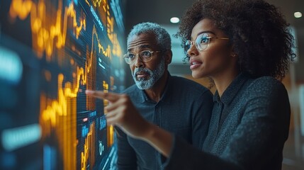 Professionals analyze data on a large screen, pointing and focused