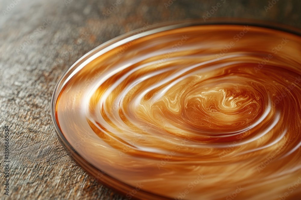 Poster swirling amber liquid creates mesmerizing concentric circles in a shallow dish, reminiscent of a cos