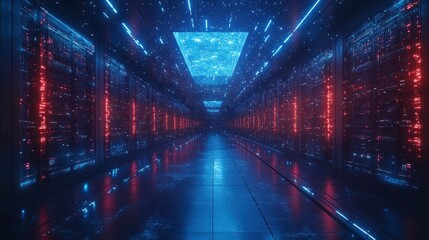 Futuristic hallway with glowing blue and red lights, creating depth and technological feel