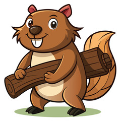 Cute cartoon beaver holding wooden log