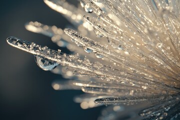 Close-up of frost-covered plant with water droplets, glistening in sunlight.