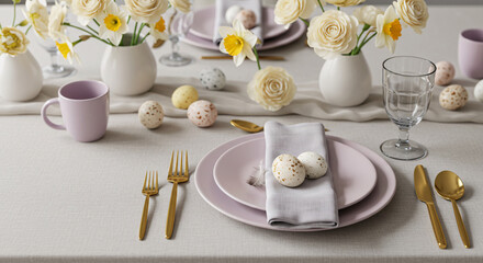 Family Easter Dinner Lifestyle, Elegant Easter table with flowers and decorated eggs