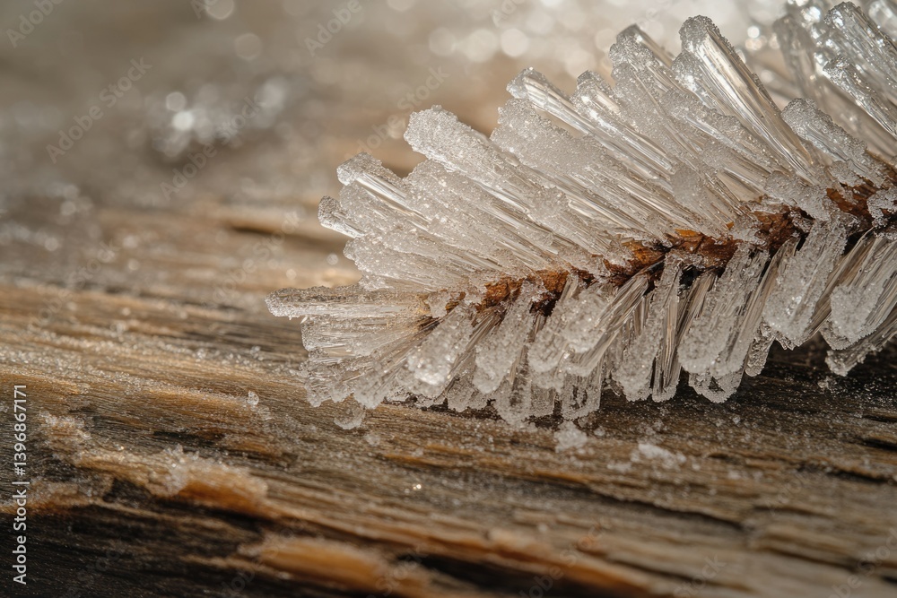 Poster close-up of delicate ice crystals forming intricate patterns on a wooden surface, illuminated by sun