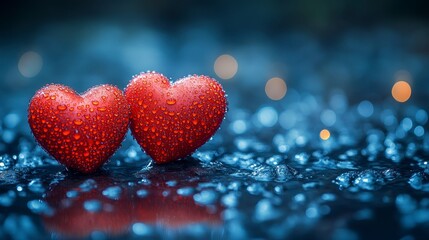 Wet, red hearts with water droplets, cool background, bokeh lights
