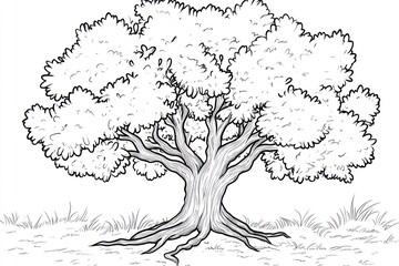 Majestic oak tree, sprawling branches, grassy field, nature illustration, children's book