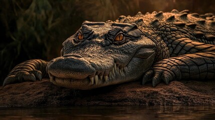 Crocodile resting by water's edge.  Close-up view