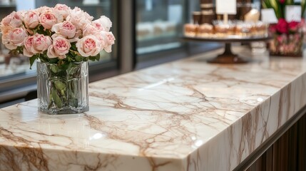 marble countertop with its subtle veining and smooth finish provides the perfect backdrop for product displays, offering a luxurious setting that complements any item.