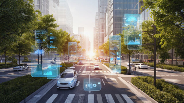 Fototapeta Futuristic city with autonomous vehicles navigating urban landscape seamlessly