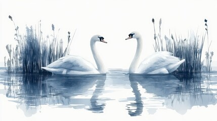 Pair of white swans reflected in water, surrounded by tall grass and reeds in a serene setting