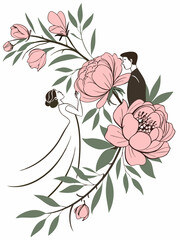 Wedding Couple with Blooming Peonies – Romantic Vector Design