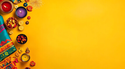 Fototapeta premium Vibrant Diwali Festive Background with Candles, Rangoli, and Spices